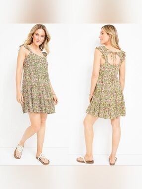 Maurices Green Floral Open Back Tie-Back Ruffle Mini Dress Women's Size XL